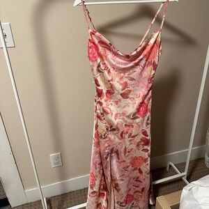 Pink floral cowl neck midi dress